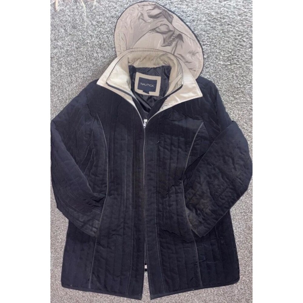 Nautica Black Quilted Hooded Jacket Coat Womens Size Large Petite LP